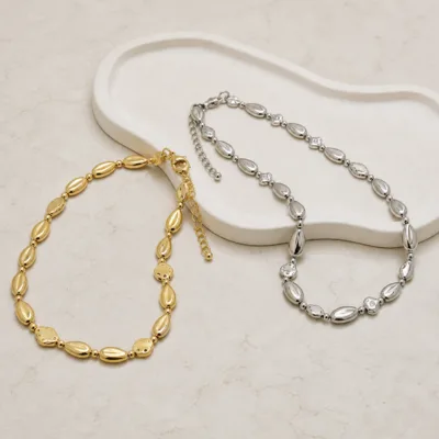 Gold and silver polished teardrop link necklaces 70669-05-2