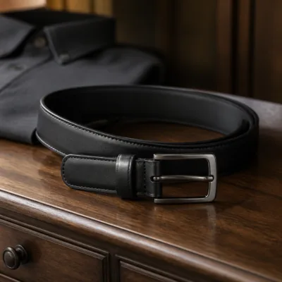 Cinto preto de homem em PU numa composição elegante