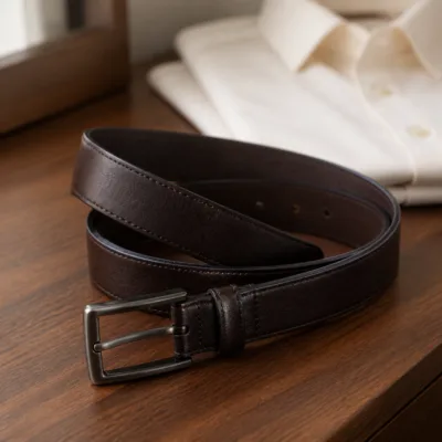 Cinto castanho-escuro de homem em PU numa composição elegante
