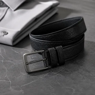 Cinto preto texturado de homem numa composição elegante