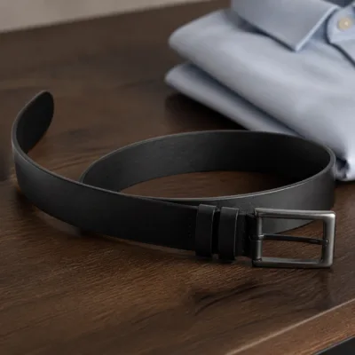 Cinto preto mate de homem numa composição elegante