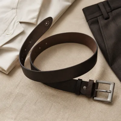Cinto castanho-escuro de homem numa composição elegante