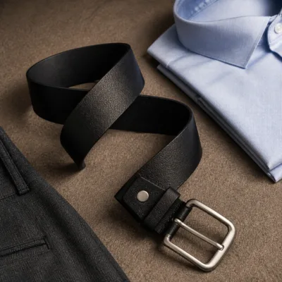 Cinto preto de homem em PU numa composição elegante