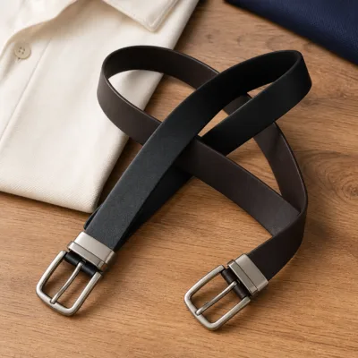 Cintos preto e castanho-escuro numa composição elegante