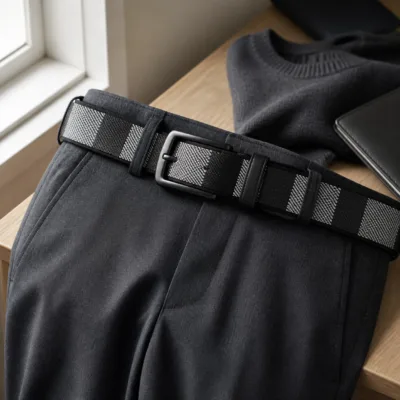 Cinto preto e branco combinado com calças de homem