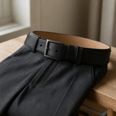 Cinto de couro preto combinado com calças de homem