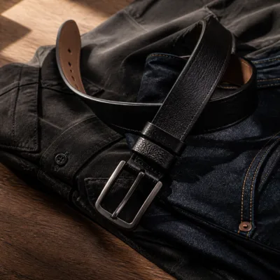Cinto de couro preto texturado numa composição de roupa casual