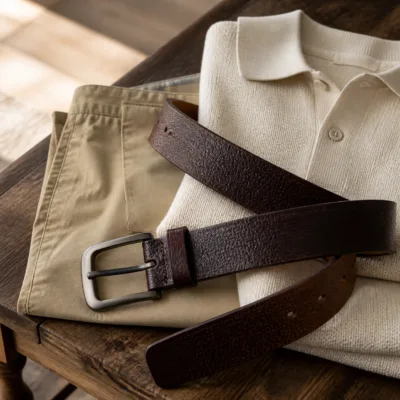 Cinto de couro castanho texturado numa composição smart casual