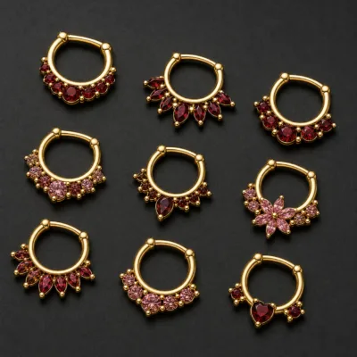 Piercing de septo dourados com zircónias vermelhas e rosa