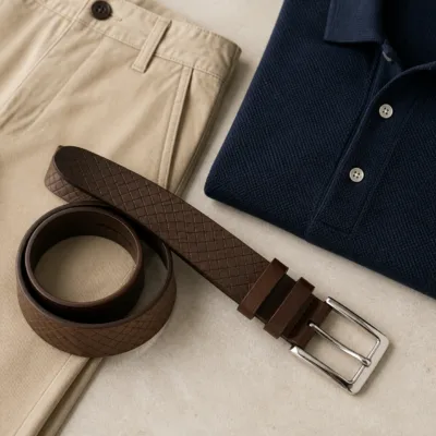 Cinto castanho entrançado em composição smart casual com chinos