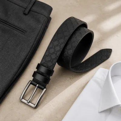 Cinto preto geométrico em composição de roupa de escritório