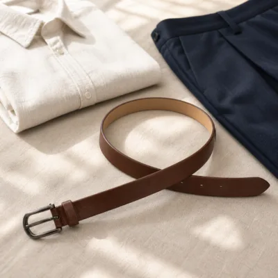 Cinto fino castanho em composição smart casual com camisa e calças