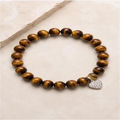 Pulseira de olho-de-tigre com coração prateado