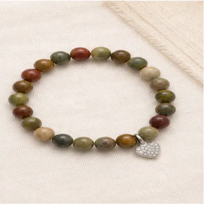 Pulseira de pedras naturais mistas com coração prateado