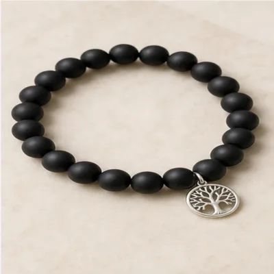 Pulseira de ónix preto com árvore da vida prateado