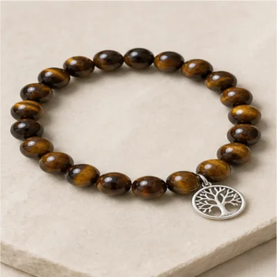 Pulseira de pedras naturais mistas com árvore da vida prateado