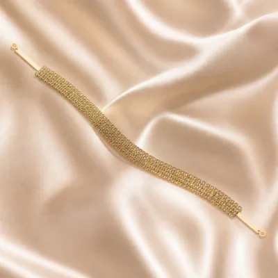 Faixa dourada de cabelo para noiva com várias filas de zircónias brancas