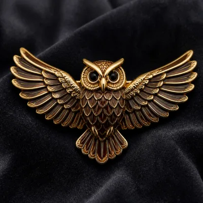 Alfinete de coruja castanho e dourado em detalhe
