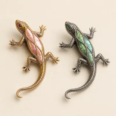 Alfinetes lagarto com madrepérola rosa e verde