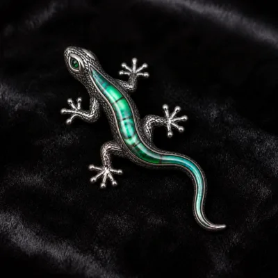 Alfinete lagarto prateado com madrepérola verde