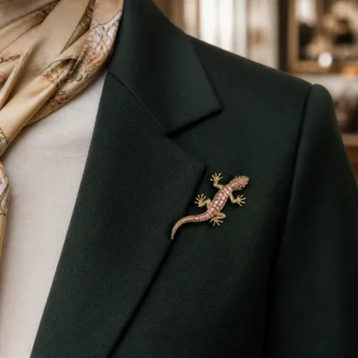 Alfinete lagarto dourado aplicado num blazer verde
