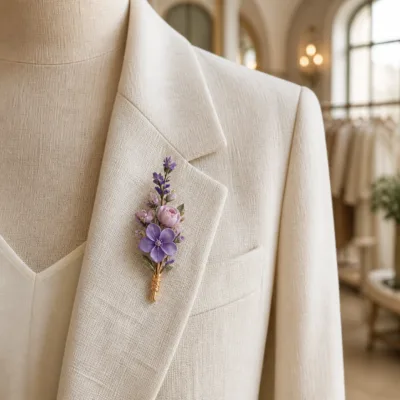 Alfinete floral roxo aplicado num blazer creme