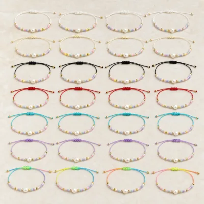 Conjunto completo de 24 pulseiras de cordão com pérola e contas coloridas