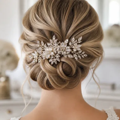 Pente floral com cristais aplicado num penteado de noiva