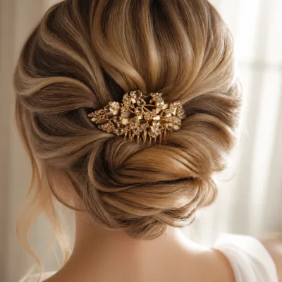 Pente dourado com cristais aplicado num penteado de cerimónia