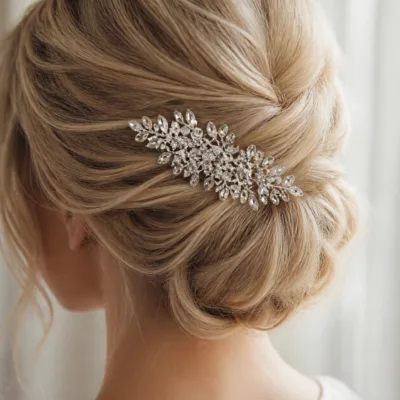 Pente prateado floral aplicado num penteado de cerimónia