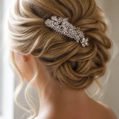 Pente prateado com flores aplicado num penteado de cerimónia