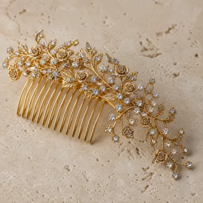 Pormenor do pente dourado com flores e cristais redondos