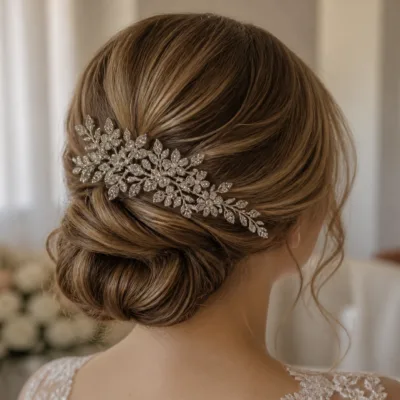 Pente prateado de ramo floral aplicado num penteado de cerimónia