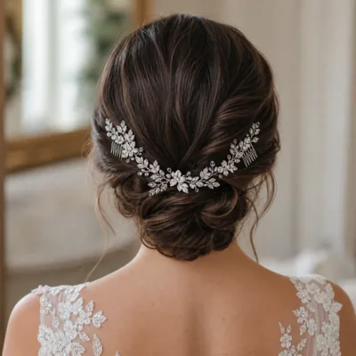 Vinha prateada de dois pentes aplicada num penteado de cerimónia