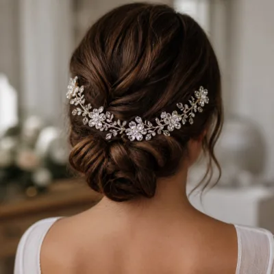 Vinha prateada de três flores aplicada num penteado de cerimónia