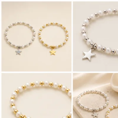 Silver and gold pearl star bracelet set 83809-05