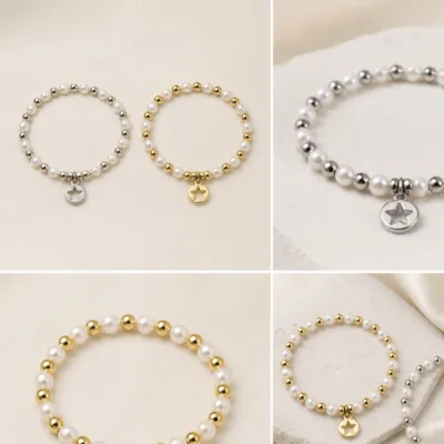Silver and gold pearl star medallion bracelets 83809-07