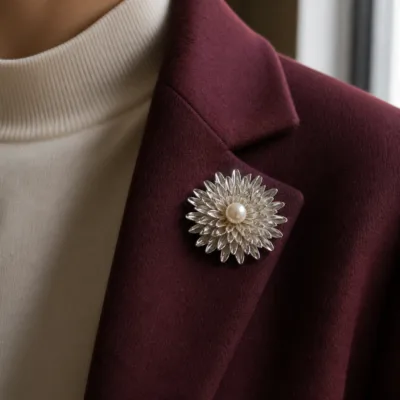 Alfinete crisântemo prateado aplicado num blazer bordeaux