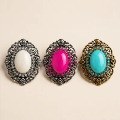 Alfinetes ovais vintage com cabochão branco, rosa e turquesa