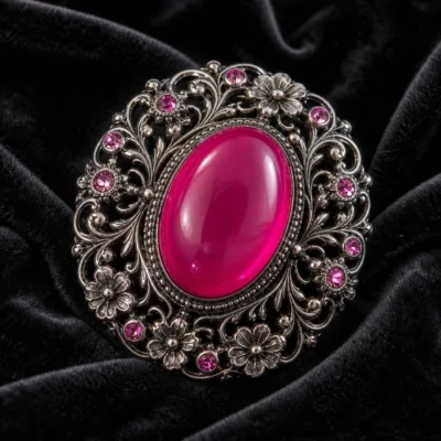 Alfinete oval vintage rosa-fúcsia com cristais em detalhe