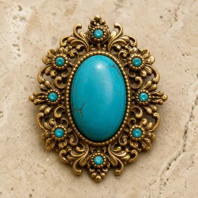 Alfinete oval vintage turquesa e dourado antigo em detalhe