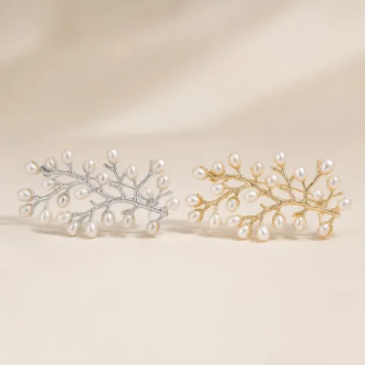 Alfinetes ramo com pérolas em prateado e dourado