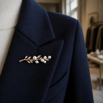 Alfinete ramo dourado com pérolas aplicado num blazer azul-marinho
