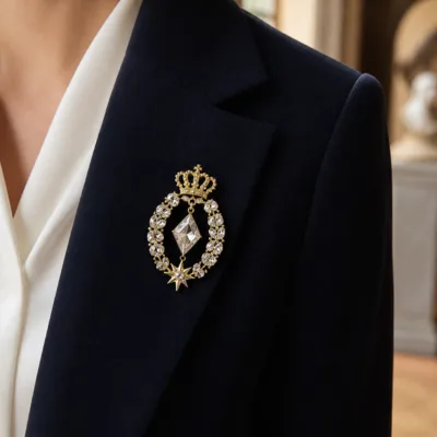 Alfinete medalhão dourado com coroa aplicado numa lapela azul-marinho