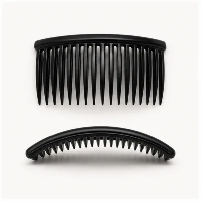 Vista frontal e lateral das travessas de cabelo pretas