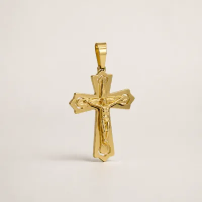 Stainless Steel Crucifix Pendant with Greek Key Detail — Gold Tone