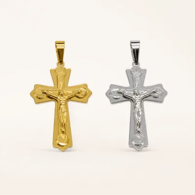 Gold tone and silver tone stainless steel crucifix pendants with Greek key detail, reference 84133-9