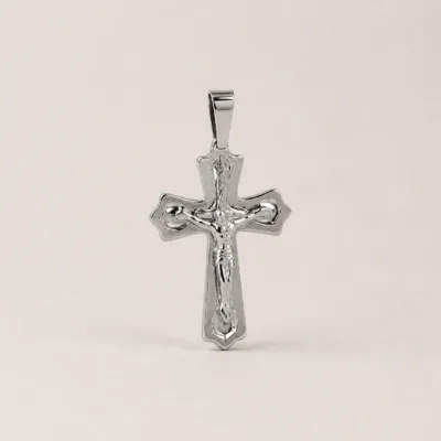 Stainless Steel Crucifix Pendant with Greek Key Detail — Silver Tone