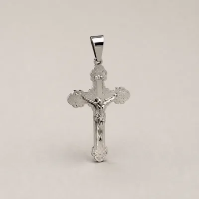Stainless Steel Ornate Crucifix Pendant — Silver Tone