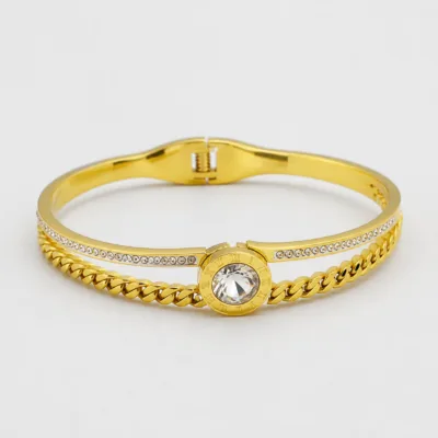 Vista frontal do bracelete dourado com cristal redondo
